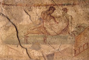 Erotisch fresco uit Lupanar, Pompeii (UNESCO Werelderfgoedlijst) door Roman Roman