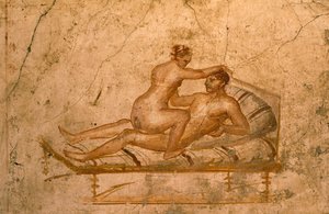 Erotisch fresco uit het cubiculum van het Huis van Vettii, Pompeii (UNESCO Werelderfgoedlijst) door Roman Roman