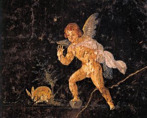 Fresco met Cupido die een haas achtervolgt, uit Pompeii, Italië door Roman Roman