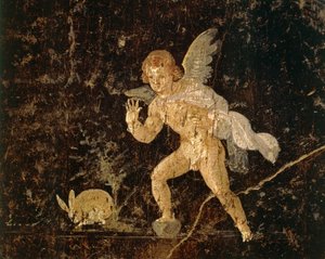 Fresco die Cupido toont die een haas jaagt uit Pompeii, provincie Napels, Italië, Romeinse beschaving