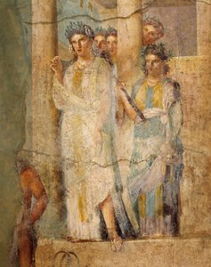 Fresco die Iphigenia in Tauris afbeeldt, Detail van dienstmeisjes, uit het Huis van L. Caecilius Giocondus in Pompeii, Italië door Roman Roman