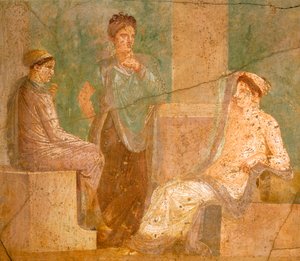 Fresco met een groep Romeinse dames in gesprek, uit Huis van de Oude Jacht, in Pompeii, Campania, Romeinse Beschaving