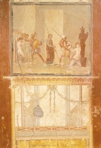 Fresco met ontmoeting van Priamus, Menelaüs en Helena en Arisace die Cassandra achtervolgt, uit het Huis van Menander, Pompeii, Campania, Romeinse beschaving
