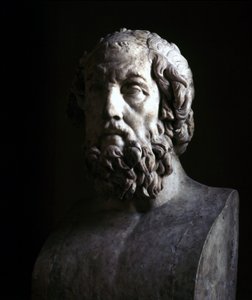 Denkbeeldig portret van de blinde Homerus. Reproductie van de Hellenistische periode van een buste uit de 2e eeuw v.Chr. Musée du Louvre Parijs door Roman Roman