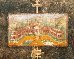 Landschap en architectuur in muurschildering in tablinum, Huis van Marcus Lucretius Fronto, Pompeii, Campania, Romeinse Beschaving
