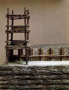 Model dat het beleg en de slag van Alesia in september 52 v.Chr. door Julius Caesar weergeeft, waarbij Vercingetorix werd verslagen. Detail dat het verdedigingssysteem gebouwd door Caesar toont. Rome, Museum van de Romeinse Beschaving door Roman Roman