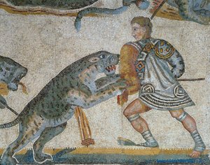 Mozaïek met een scène van een wilde dierenjacht, detail van een gladiator die een wild dier doodt