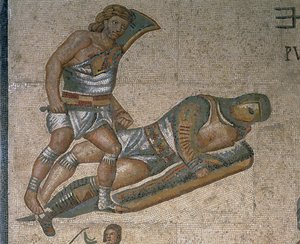 Mozaïek met een scène van vechtende gladiatoren (detail) door Roman Roman