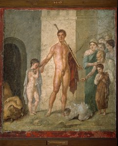 Theseus bevrijdt de zeven jonge mannen uit het doolhof na de overwinning op de Minotaurus. Fresco uit de Villa de Gavius Rufus in Pompeii. Archeologisch Museum van Napels