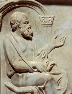 Romeinse oudheden, sarcofaag van de Muzen: Socrates (469-399 v.Chr.) Griekse filosoof met zijn muze. Detail Parijs, Musée du Louvre door Roman Roman