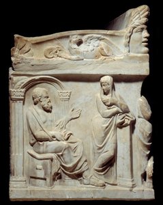 Romeinse oudheid: Sarcofaag van de Muzen. Deze sarcofaag is versierd met de voorstelling van de negen muzen en, aan de zijkanten, portretten van de filosoof Socrates en de dichter Hesiodus door Roman Roman