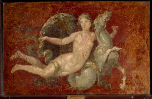 Romeinse kunst: een vrouw rijdend op een zeepaard. Fresco uit Stabia.
