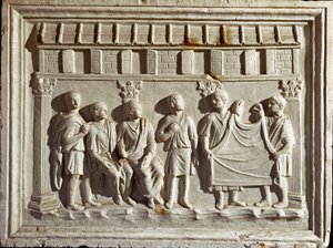 Romeinse kunst: laag reliëf gietvorm die een stof en wandtapijten voorstelt. Van een origineel uit de 2e eeuw n.Chr. Rome, Museo della Civilta Romana