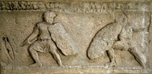 Romeinse kunst: scène van een gevecht tussen Romeinen en Galliërs. Reproductie van een fries van de Boog van Orange. Rome, Museo della Civilta Romana