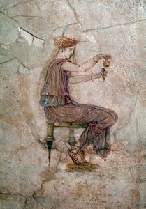 Romeinse kunst: vrouw die parfum in een vaas giet Muurschildering, 25 na Christus Van Villa della Farnesina door Roman Roman