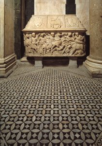 Romeinse sarcofaag met reliëfs van een wilde zwijnenjacht, deksel versierd met de wapens van de Medici-familie door Roman Roman