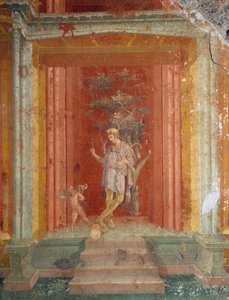 Theaterscène, fresco (IV stijl) op rode achtergrond uit Huis van Pinarius Cerialis, Pompeii (Unesco Werelderfgoedlijst)