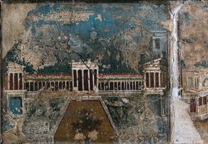 Derde stijl fresco met architectonisch landschap, detail van gebouw omgeven door zuilengalerij, uit Pompei door Roman Roman