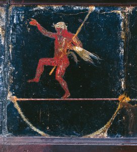 Derde stijl fresco met funambolist Seleni, detail van Silenus die thyrsus vasthoudt, uit de zogenaamde Villa van Cicero in Pompeii
