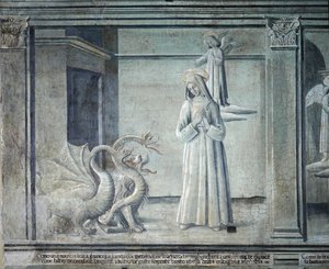 Leven van de heilige Franciscus van Rome, achtervolgd door demonen in de vorm van monsters, van de Romeinse school