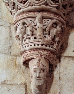 Een zeemeermin, gebeeldhouwde kapiteel van het koor door Romanesque