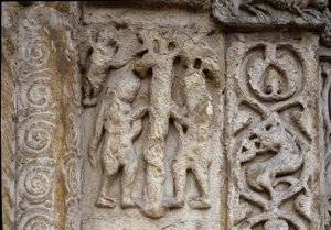 Adam en Eva. Detail van de gevel van de Basiliek, begin 12e eeuw