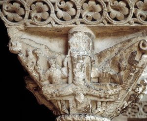 Kapiteel met voorstelling van Sint-Pieter aan zijn kruis (sculptuur) door Romanesque