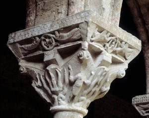Kapiteel met voorstelling van de drie joden in de vurige oven (sculptuur) door Romanesque