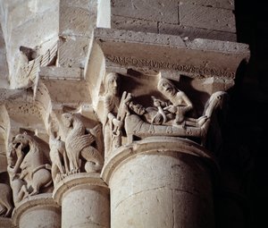 Delilah knipt Simsons haar (gekerfde kapiteel van het transept) door Romanesque