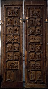 Romaans kunst: houten deur uit het midden van de 12e eeuw van de Kerk van St. Maria van het Kapitool in Keulen, Duitsland (Sankt Maria im Kapitol, Keulen)