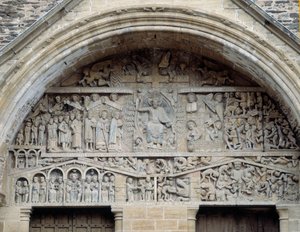 Uitzicht op het timpaan van het laatste oordeel, Christus tussen paradijs en hel (sculptuur)