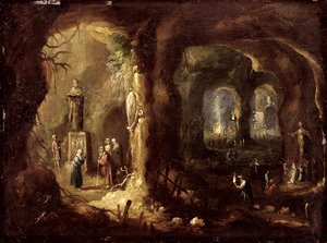 Grot met Beelden en Talrijke Figuren die Idolen Aanbidden (St. Simeon Stylites), c.1640 door Rombout van Troyen