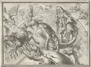 Karikatuur die Lodewijk XIV als Apollo in zijn wagen uitbeeldt, 1701