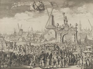 Intocht van Willem III in Den Haag Inhaling van S.K. Maj. aan de Westeynder brug door ..., 1691 door Romeyn de Hooghe