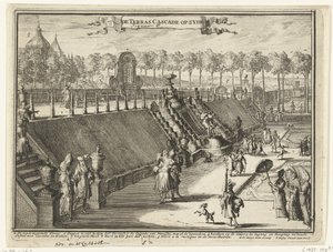 Gezicht (van opzij) op een terraswaterval in het park van Paleis Het Loo door Romeyn de Hooghe