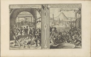 Hoofdman Smith bij de Virginianen; Koninklijk feest in Pegu door Romeyn de Hooghe