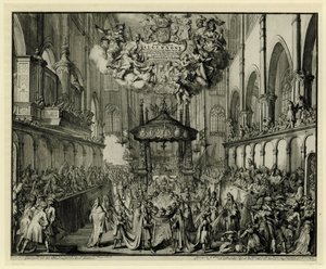 Koor van Westminster Abbey met de lijkplechtigheid voor de koningin, 1695 door Romeyn de Hooghe