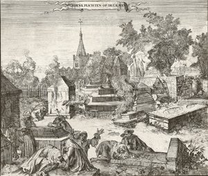 Rouw in de Portugees-Joodse begraafplaats van Beth Haim van Ouderkerk aan de Amstel in Nederland - Gravure door Romeyn de Hooghe (1645-1708)
