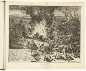 Opblazen van de schipbrug van Parma over de Schelde, 1585 door Romeyn de Hooghe