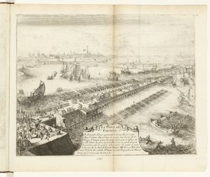 Schipbrug van Parma over de Schelde, 1585 door Romeyn de Hooghe