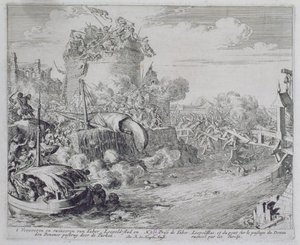 Wenen Print Cyclus, Verovering van Tabor Eiland aan de rand van Leopoldstadt, 1683 door Romeyn de Hooghe