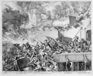 Wenen Print Cyclus, Explosie van een Mijnen en Tegenmijnen, Overval op de Turken, 1683 door Romeyn de Hooghe