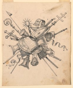 Tekening, Trofee met kerkelijke voorwerpen, 1830-1850 door Romolo Achille Liverani