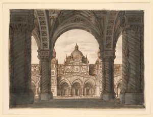 Toneelontwerp, kerkgevel vanuit een loggia, I due Valdomiri door Felice Romani, muziek door Pietro de Winter. Uitgevoerd in La Scala, Milaan, 1818