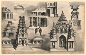 Toneelontwerp, details van Indiase tempels door Romolo Achille Liverani