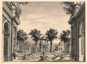 Toneelontwerp, Indisch Paleistuin voor het Ballet "Genghis Khan" door Luigi Henry door Romolo Achille Liverani