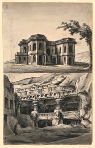 Toneelontwerpen, kasteel in landschap en tempels en grotten