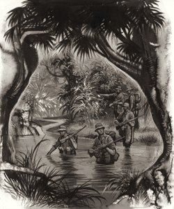 ANZAC-troepen steken een oerwoudrivier over tijdens een patrouille in de Tweede Wereldoorlog (gouache op papier)