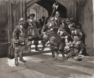 Kolonel Pride die bepaalde leden van het Lagerhuis de toegang weigert (gouache op papier)