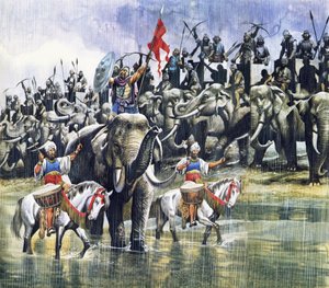 Het leger van koning Porus tegenover Alexander de Grote in de stortregen